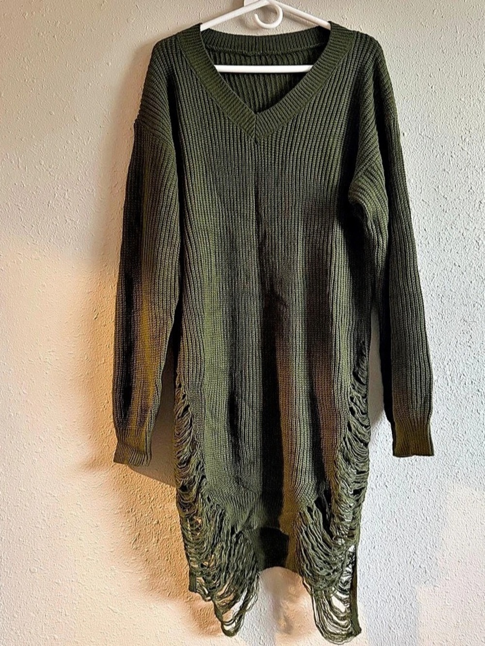 Olive Green V-Neck Distressed Sweater
